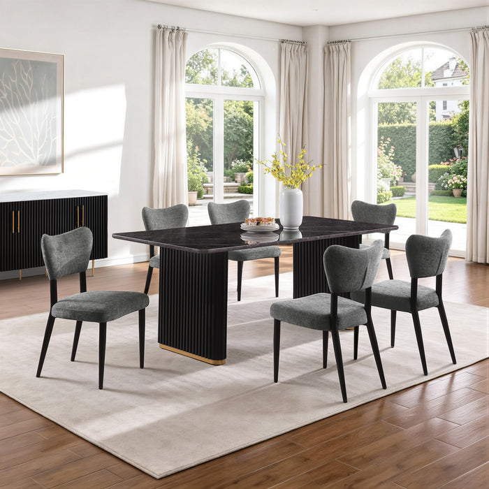 Kort & Co. Capri 7pc Dining Set with Table & 6 Chairs, Gold Accent, Pedestal Base, 72\"W – Charcoal