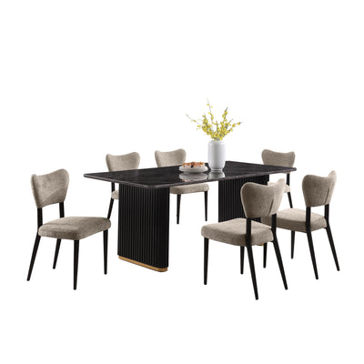 Kort & Co. Capri 7pc Dining Set with Table & 6 Chairs, Gold Accent, Pedestal Base, 72"W – Taupe | Ensemble de salle à manger Capri de Kort & Co. 7 pièces avec table de 72 po (L), touches dorées, base piédestal et 6 chaises - taupe