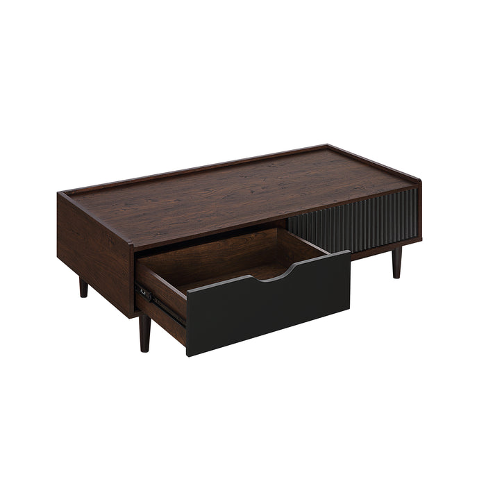 Manhattan Comfort Duane Modern Ribbed Coffee Table with Drawer & Shelf - Dark Brown & Black