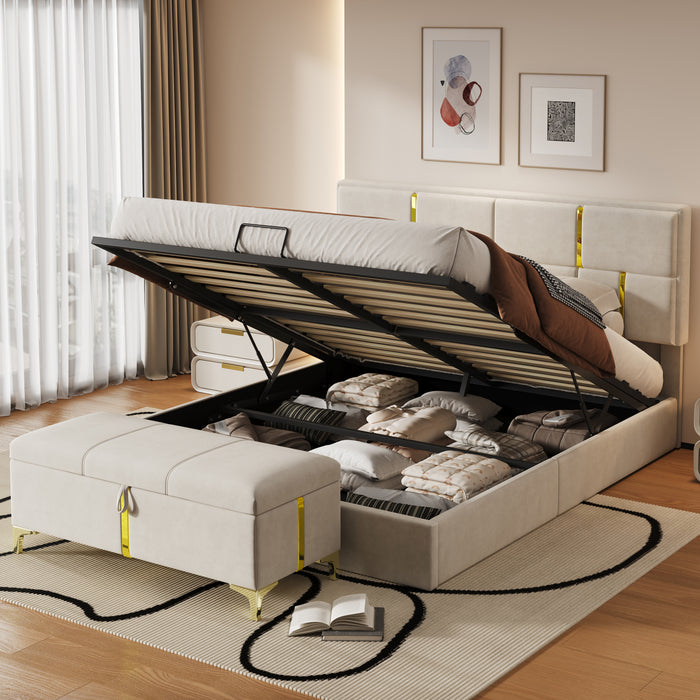 Nicole 2 Piece Bedroom Set With Upholstered Platform Bed And Ottoman Bench,queen Size,beige Queen Bed