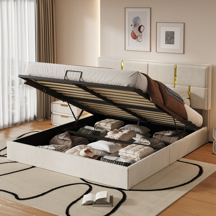 Joyce Upholstered Platform Bed With Hydraulic Storage And Velvet Frame,queen Size,beige Queen Bed