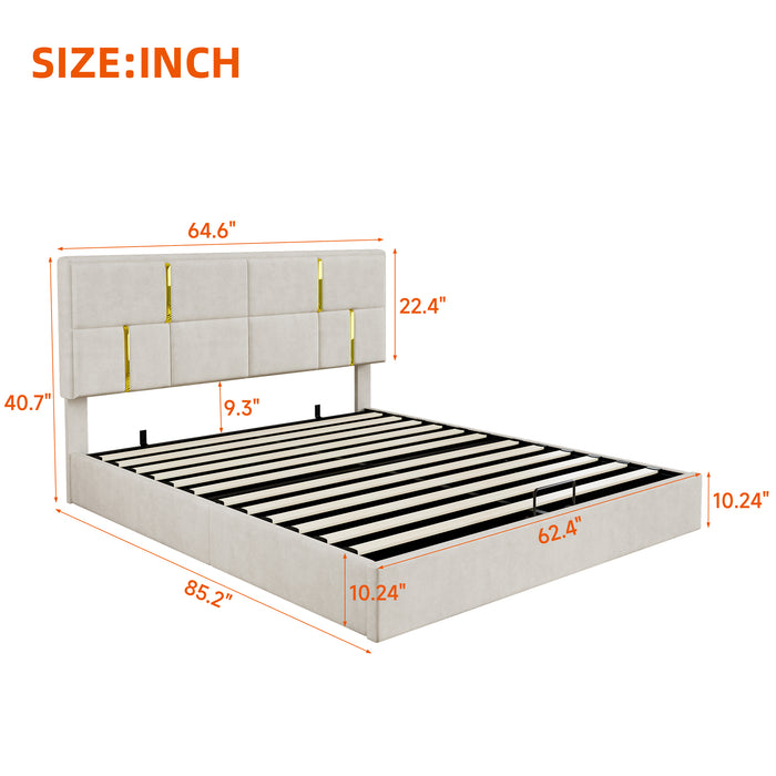 Joyce Upholstered Platform Bed With Hydraulic Storage And Velvet Frame,queen Size,beige Queen Bed
