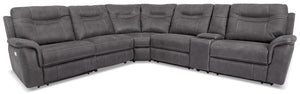 Floy 6-Piece Faux Suede Power Reclining Sectional with Power Headrests, Console and USB Port - Grey