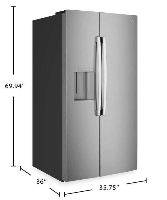 GE 36\" 28 Cu. Ft. Side-by-Side Refrigerator with Ice and Water Dispenser - Stainless Steel - GSS28NYYFS