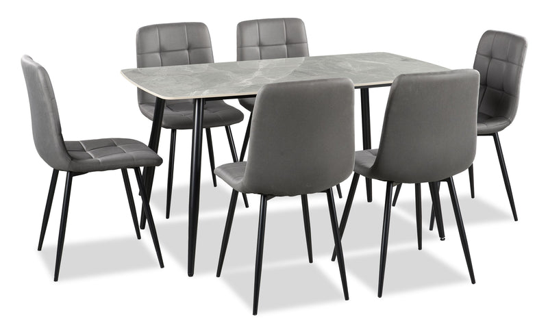 Arlo 7pc Dining Set with Table & 6 Charcoal Chairs, Sintered Stone & Metal, 55\"W - Charcoal & Grey/Black