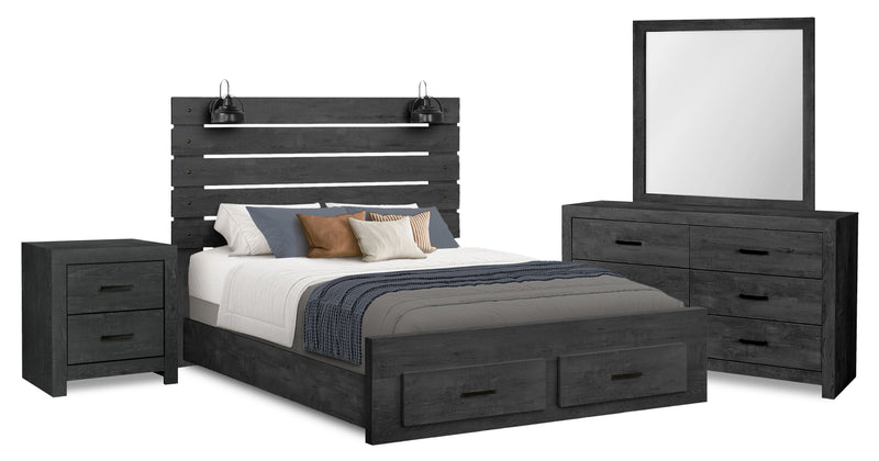 Soren 6pc Bedroom Set with Storage Bed, Dresser, Mirror & Nightstand, LED, Graphite Grey - Queen