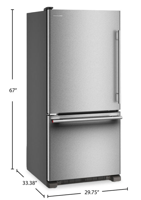 KitchenAid 30\" 19 Cu. Ft. Standard-Depth Bottom Mount Refrigerator - KRBL130SPS