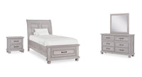 Kylie 6pc Bedroom Set with Storage Bed, Dresser, Mirror & Nightstand, Sand - Twin Size 