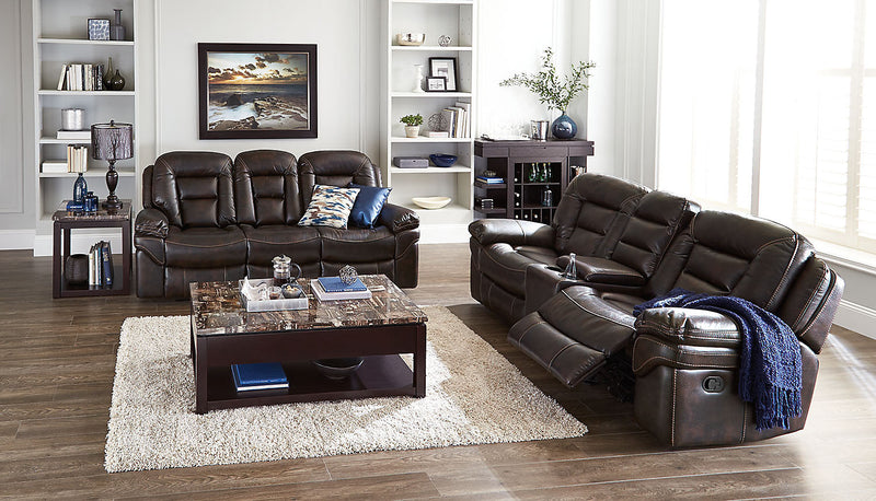 Leo 78\" Leather-Look Fabric Glider Reclining Loveseat with Storage Console - Walnut Brown