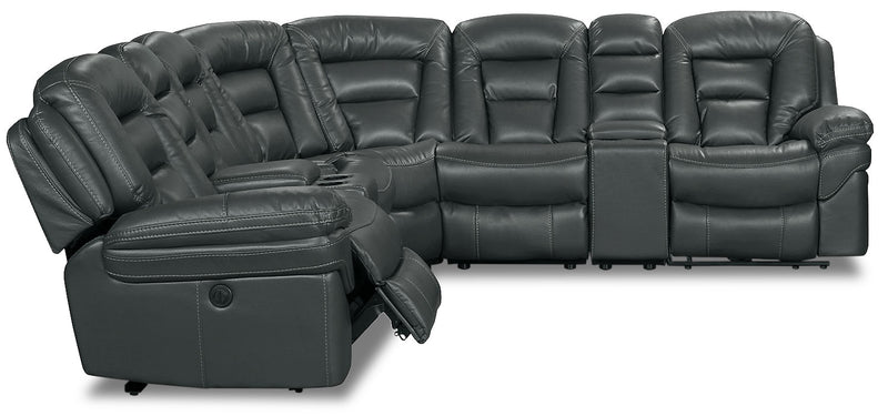 Leo 7-Piece Leather-Look Fabric Power Reclining Sectional with Storage Consoles and Cupholders - Grey