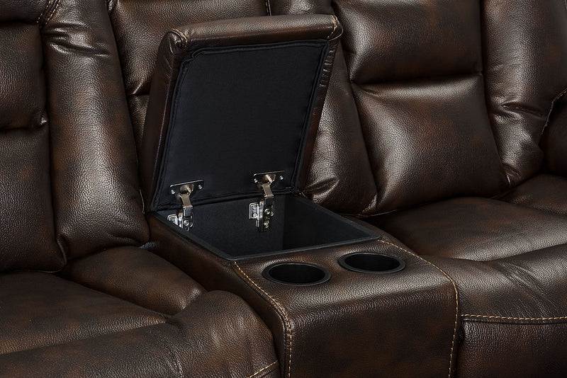 Leo 78\" Leather-Look Fabric Power Reclining Loveseat with Storage Console - Walnut Brown