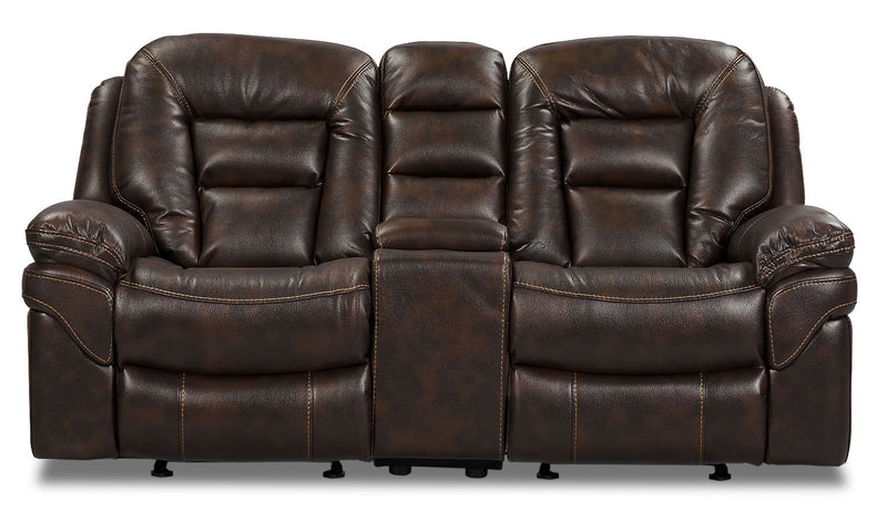Leo 78\" Leather-Look Fabric Power Reclining Loveseat with Storage Console - Walnut Brown