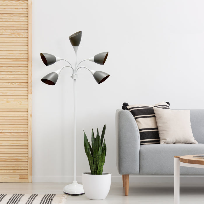 Simple Designs 67\" Contemporary Multi-Head Medusa 5-Light Adjustable Gooseneck Floor Lamp - Grey and White