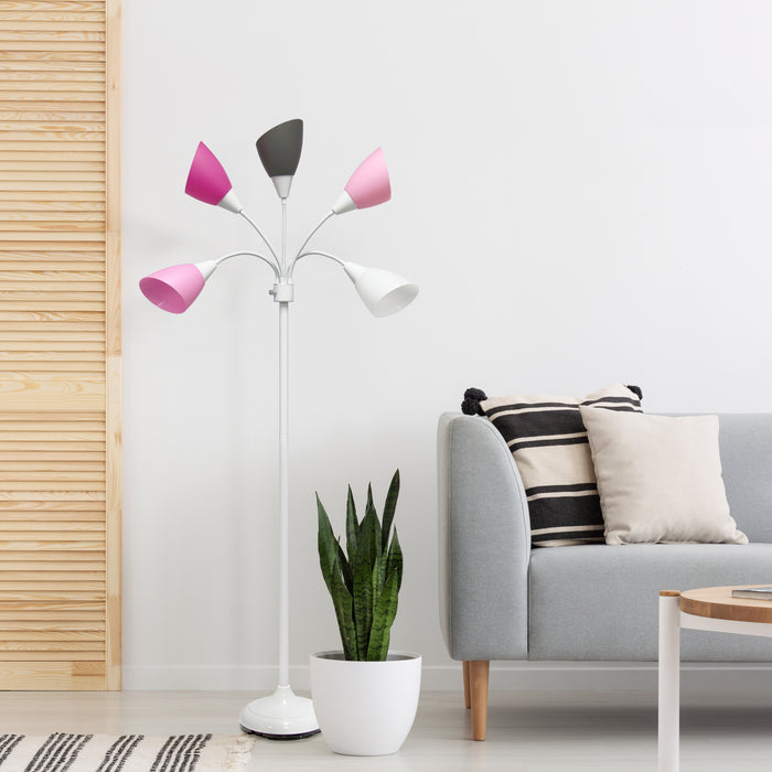 Simple Designs 67\" Contemporary Multi-Head Medusa 5-Light Adjustable Gooseneck Floor Lamp - Pink, White and Grey