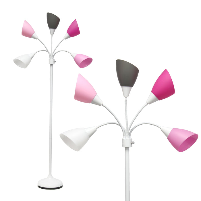 Simple Designs 67\" Contemporary Multi-Head Medusa 5-Light Adjustable Gooseneck Floor Lamp - Pink, White and Grey