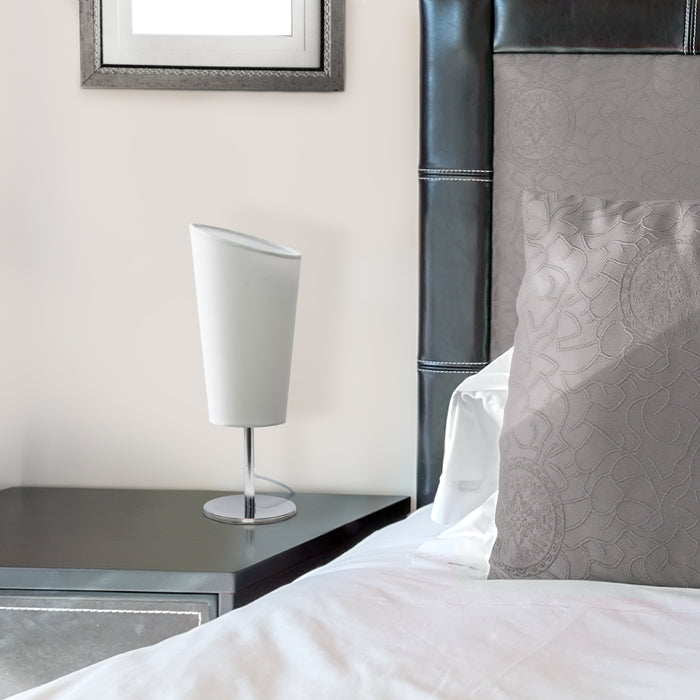Simple Designs Mini Chrome Table Lamp with Angled Fabric Shade - White