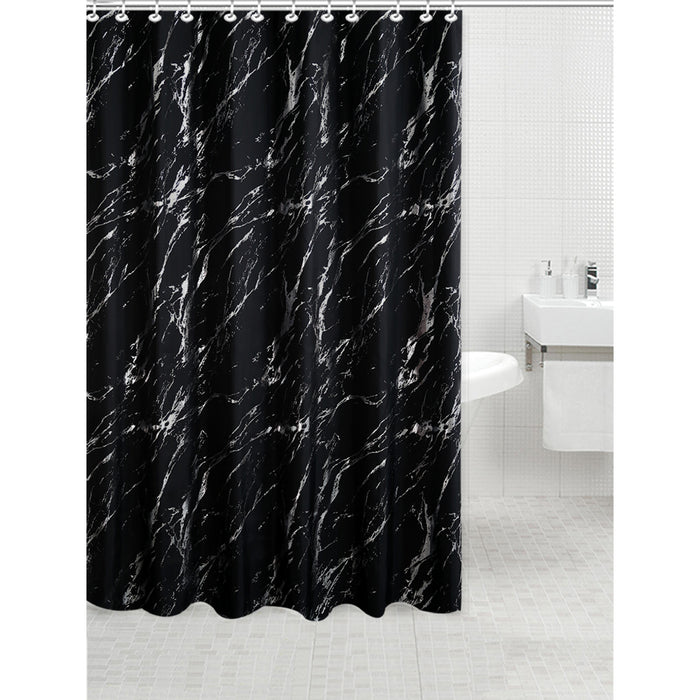Polyester Silver Foil Marble Printed Shower Curtain Black