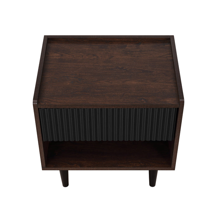 Manhattan Comfort Duane Modern Ribbed Nightstand with Full Extension Drawer - Dark Brown & Black
