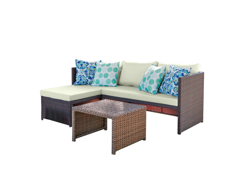 Manhattan Comfort Menton Steel Rattan 2-Piece Chair Lounge & 2-Seater with Coffee Table Patio Set - Cream