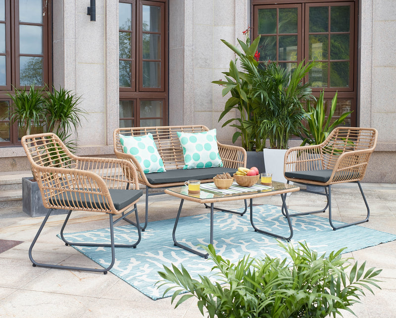 Manhattan Comfort Antibes 2.0 Steel Rattan 4-Piece Patio Conversation Set - Grey