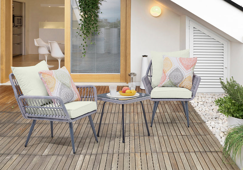 Manhattan Comfort Cannes Rope Wicker 3-Piece Patio Conversation Set - Cream