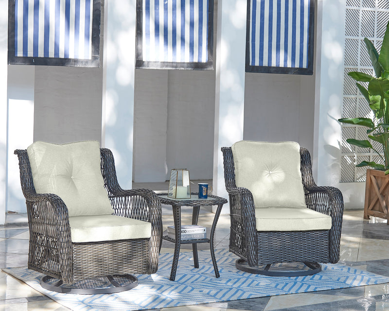 Manhattan Comfort Fruttuo Swivel Steel Rattan 3-Piece Patio Conversation Set - Cream