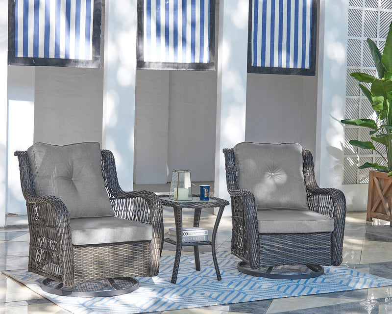 Manhattan Comfort Fruttuo Swivel Steel Rattan 3-Piece Patio Conversation Set - Grey
