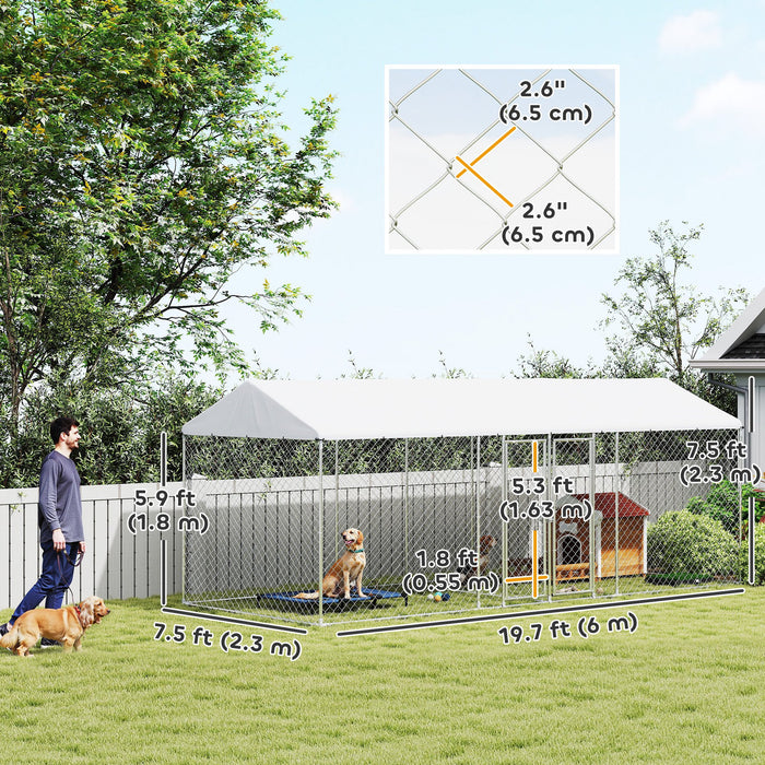 Pawhut Outdoor Dog Kennel With Two Rooms, Heavy Duty Dog Run Outdoor Fence Cage With Waterproof Uv-resistant Cover, Escape-proof Lock, 19.7' X 7.5' X 7.5'