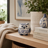 5” Ceramic Leaf Print Chinoiserie Owl – Blue  | Hibou de 5 po en céramique de style chinoiserie à motif de feuille - bleu