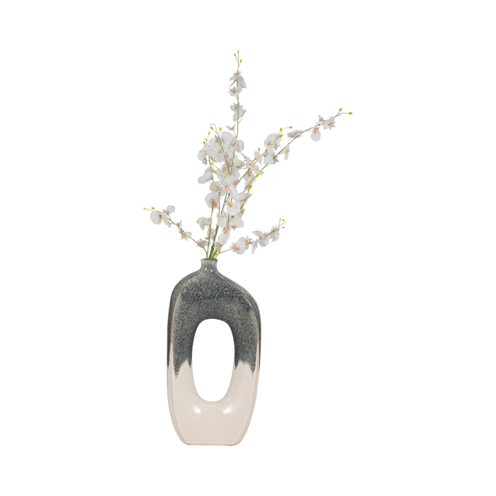 16” Ceramic Open Cut Out Vase – Ivory and Blue 