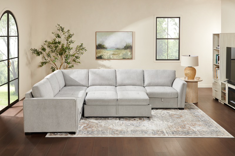 Vault 6-Piece Right-Facing Sectional with Sofa Bed Loveseat, Three Storage Chairs and Storage Chaise - Grey