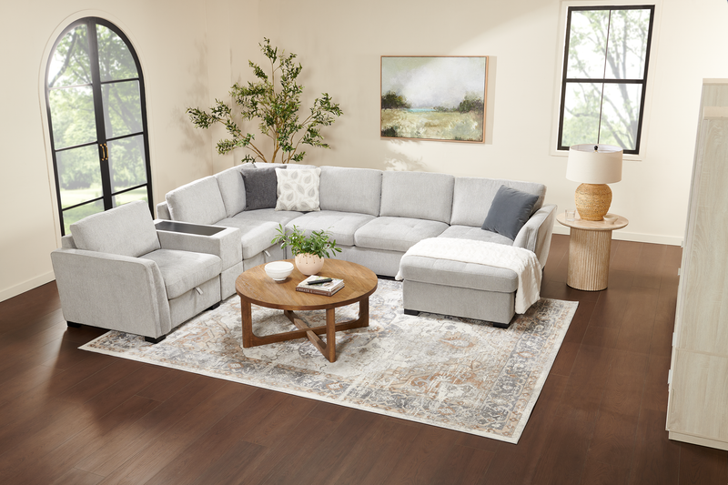 Vault 6-Piece Right-Facing Sectional with Sofa Bed Loveseat, Three Storage Chairs and Storage Chaise - Grey