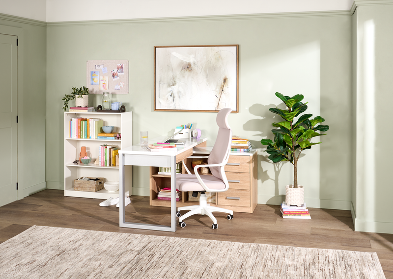 Owen 55\" Reversible Corner Office Desk with 4-Drawers & Cubbies – Faux White Marble and Weathered White