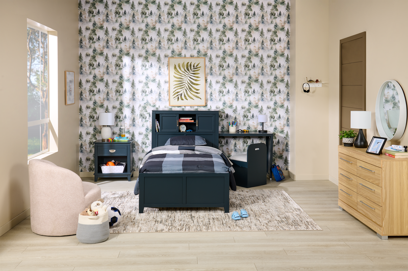 Quinn Platform Bed with Bookcase Headboard, Built-in Desk & Stool, Blue - Twin Size