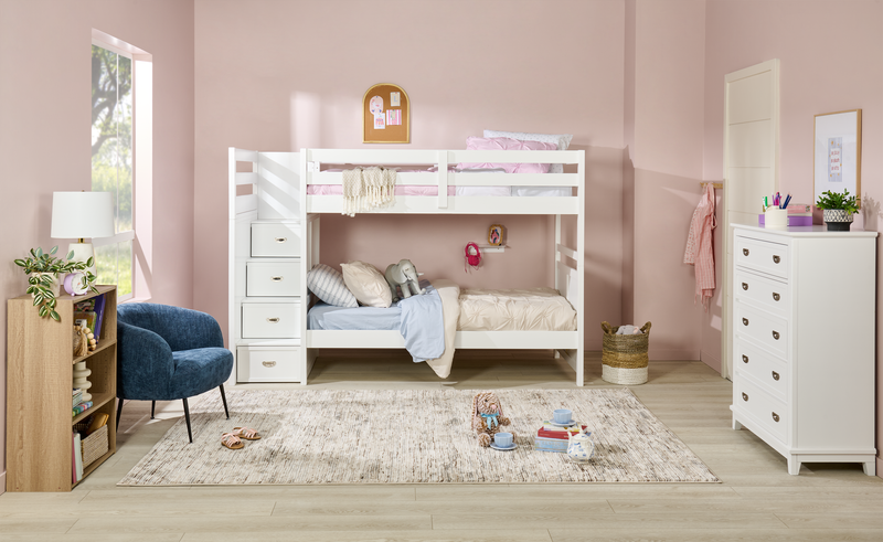 Quinn Bunk Bed with Built-in Staircase Dresser & Guard Rail for Kids, White - Twin/Twin