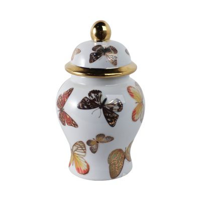 8.25” Ceramic Butterflies Temple Jar – White  | Pot temple de 8,25 po en céramique avec papillons - blanc
