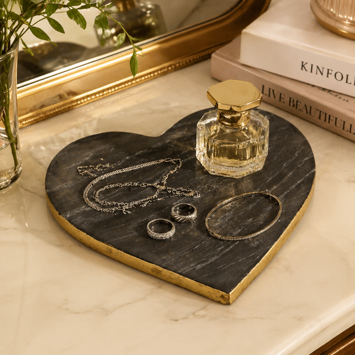 Marble Heart Tray with Gold Edges – Black