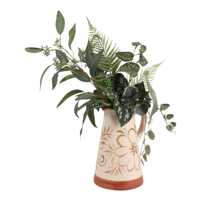 9.75” Ceramic Hand Painted Flower Pitcher – Light Brown