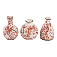 6.75” Set of 3 Ceramic Floral Cottage Bud Vases – Red and Ivory  
