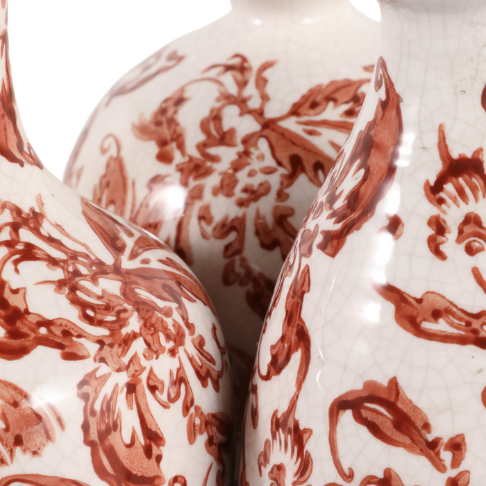 6.75” Set of 3 Ceramic Floral Cottage Bud Vases – Red and Ivory 