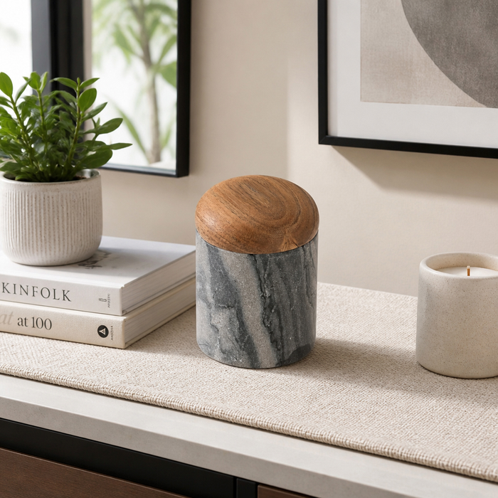 5” Curved Marble Box with Acacia Wood – Stone