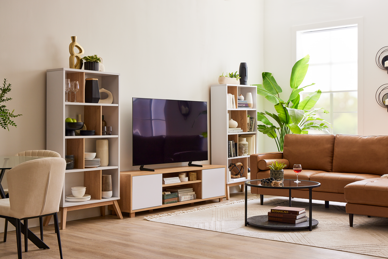 Kort & Co. Aiden 72\" TV Stand with Storage and Cable Management for TVs up to 80\"- Natural and White