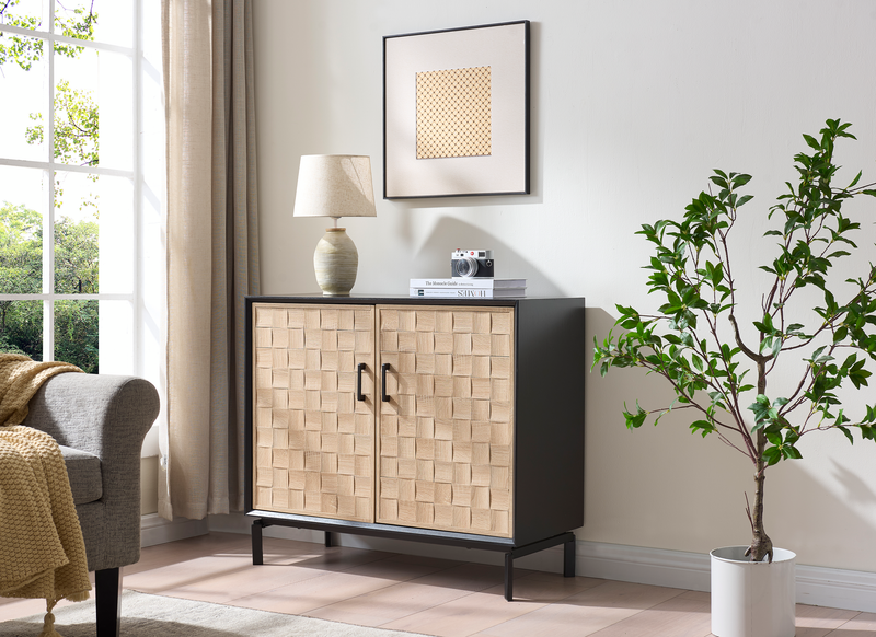 Alenna 36\" 2-door Accent Cabinet with Adjustable Shelves and Black Hardware - Black and Weathered White