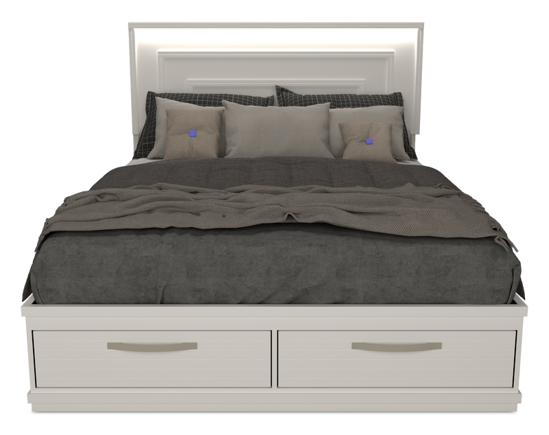 Alpine Platform Storage Bed with Headboard & Frame, LED, Made in Canada, White - Queen Size