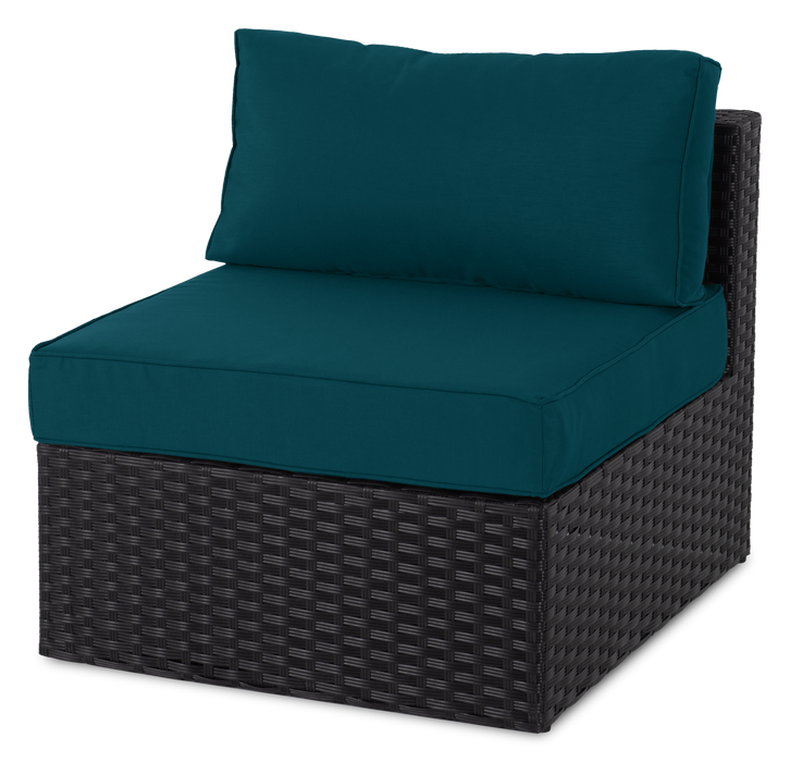 Barbados 5-Piece Outdoor Patio Set with 3 Corner Chairs & 2 Armless Chairs - Hand-Woven Resin Wicker, UV & Weather Resistant - Black/Blue