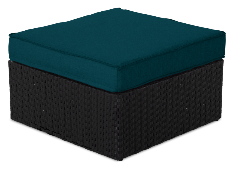 Barbados 6-Piece Outdoor Patio Set with 3 Corner Chairs, 2 Armless Chairs & Ottoman - Hand-Woven Resin Wicker, UV & Weather Resistant - Black/Blue