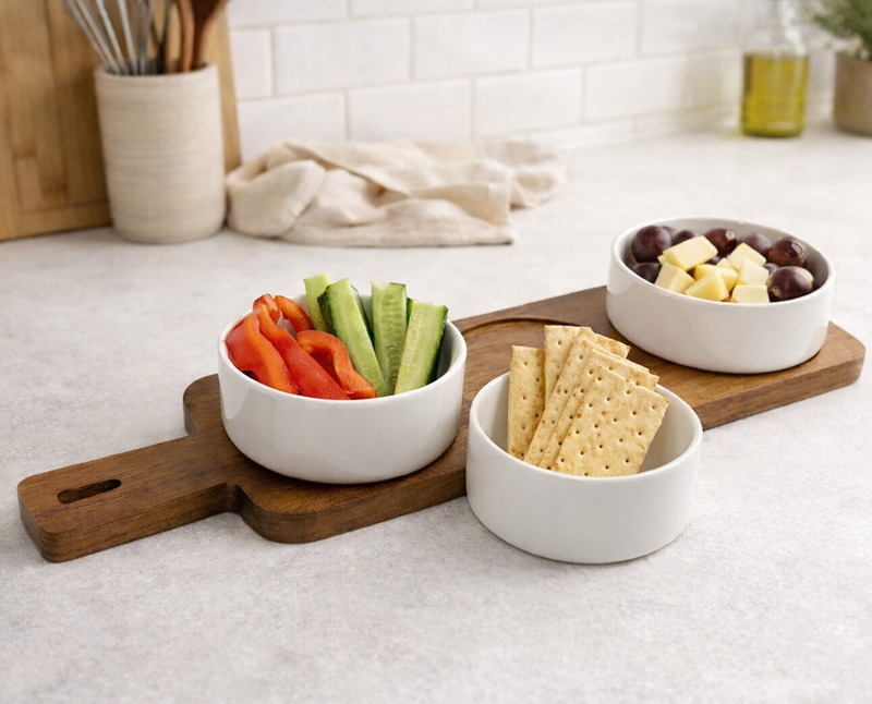 S&CO 4-Piece Bowl and Plank Serving Set – Porcelain and Wood
