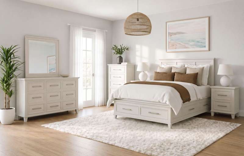 Celine 5pc Bedroom Set with Storage Bed, Dresser & Mirror, Ivory - King Size
