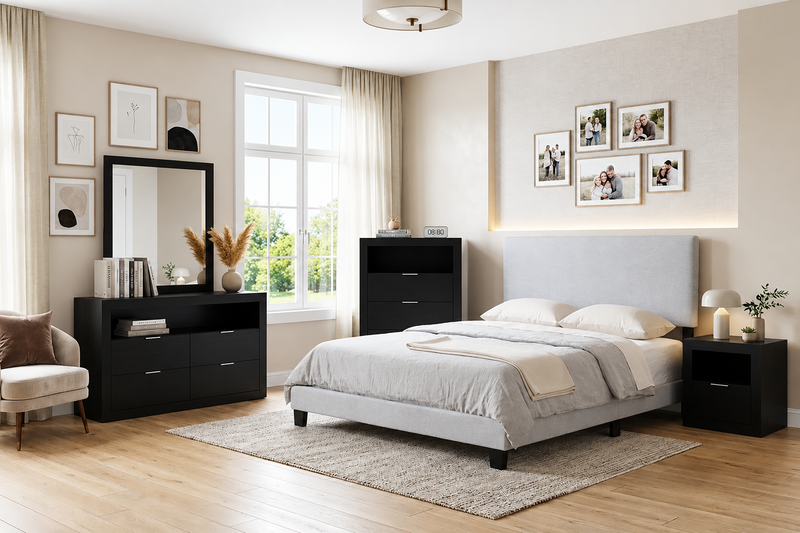 Delta Upholstered Bed in Grey Polyester Fabric - King Size