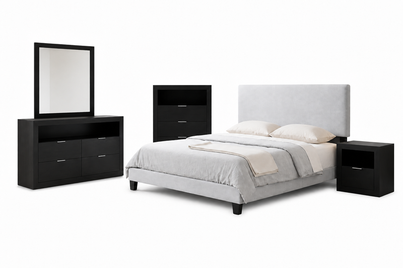 Delta Upholstered Bed in Grey Polyester Fabric - Queen Size
